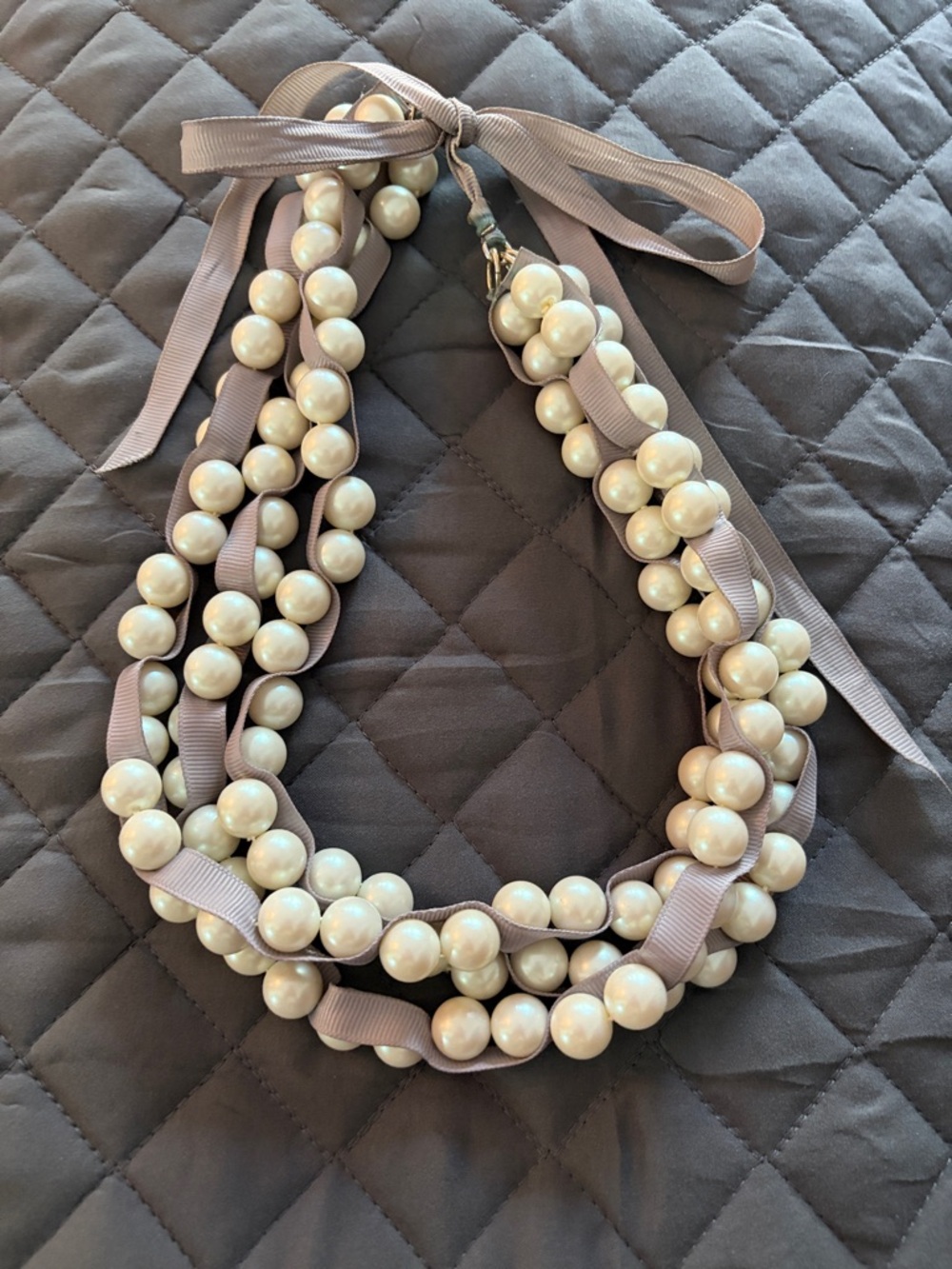 Pearl Bead Multi-Strand Necklace with Gray Ribbon